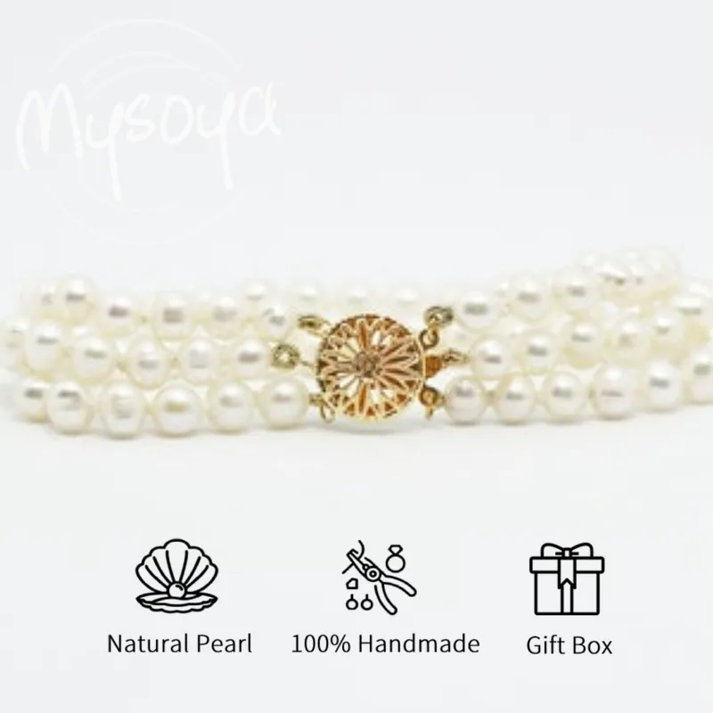 

MYSOYA Трехниточный браслет из белого пресноводного жемчуга 6-7 мм с подарочной коробкой для нее, идеально подходит для дня рождения, дня святого Валентина, свадьбы