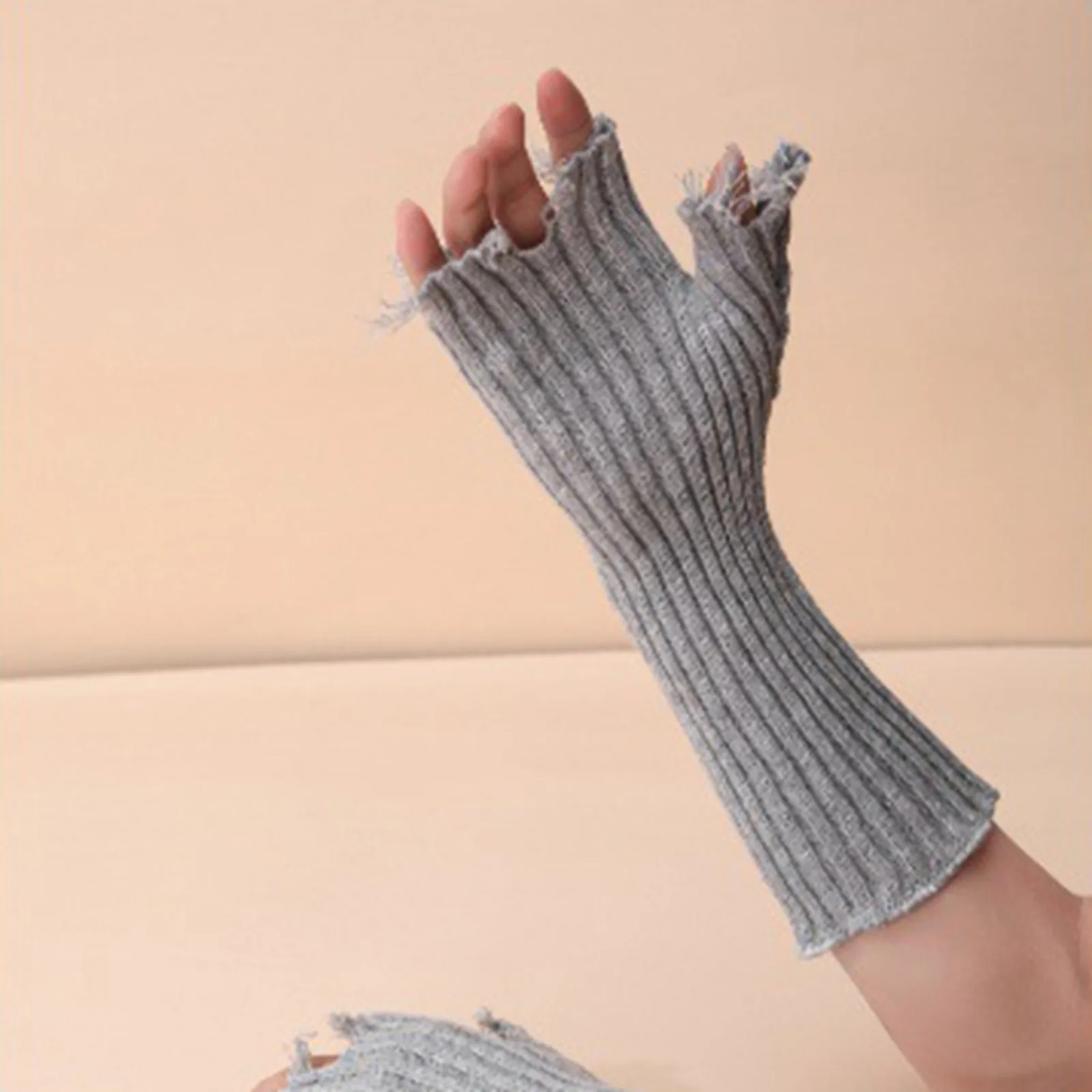 New Girl Gloves Solid Color Beige Tattered Punk Unisex Fingerless Cuff Knit Glove Women Men Elbow Mittens Broken Arm Warm