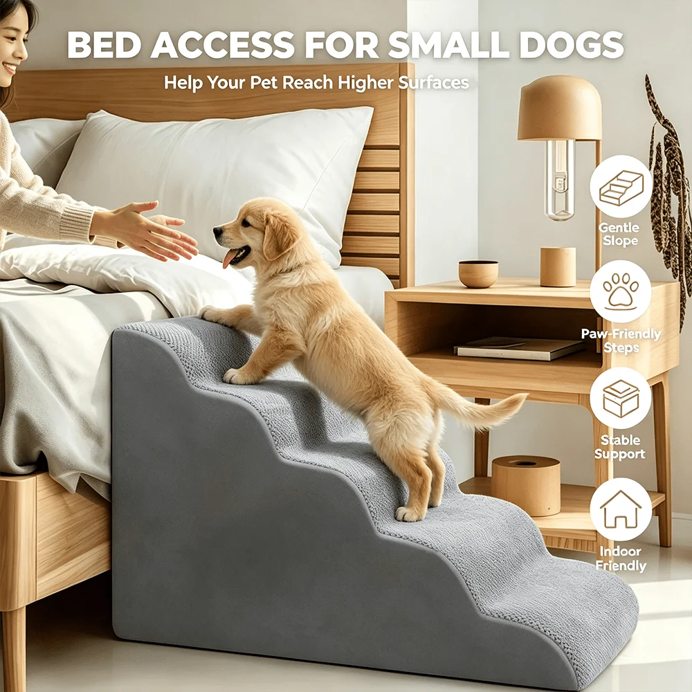 Level 3,4,5 Pet Dog Stairs for Small Dogs Cats, Pet Ramp High-Density 65D Memory Foam with Side Storage Pocket,Sturdy Climbing Ladder with Washable Cover, for Injured Senior Pets with Joint Pain, Gentle Slope Ramp for Bed, Sofa, for Corgi, Chihuahuas
