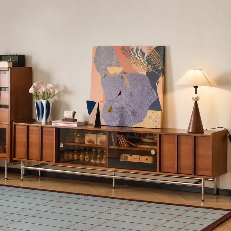 Nordic Solid Wood TV Cabinet Living Room Floor Stainless Steel Storage Unit Small Apartment Integrated Audio Visual Console