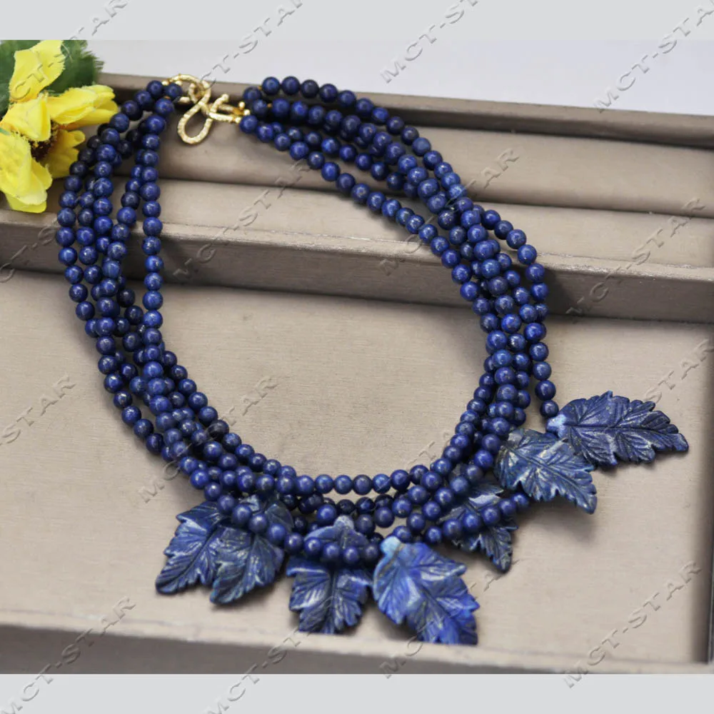 

MCT·STAR 5Row 17'' 40mm Hand-carved Blue Round Natural Lapis Lazuli Leaves Necklace Pendant (Z14365)