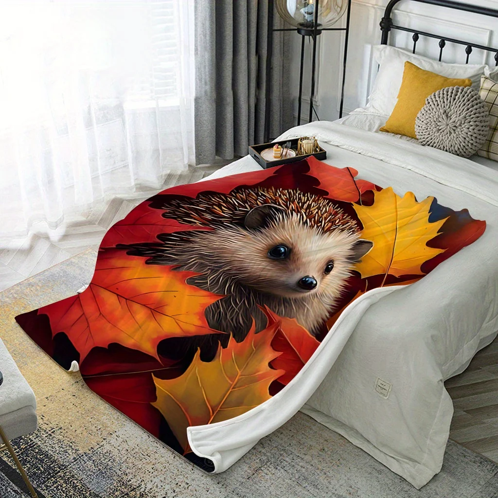 Decorative Autumn Hedgehog Fall Leaves Blanket Throw Cozy Fleece Plush Sofa Decor Woodland Animal Print Seasonal Gift for Home