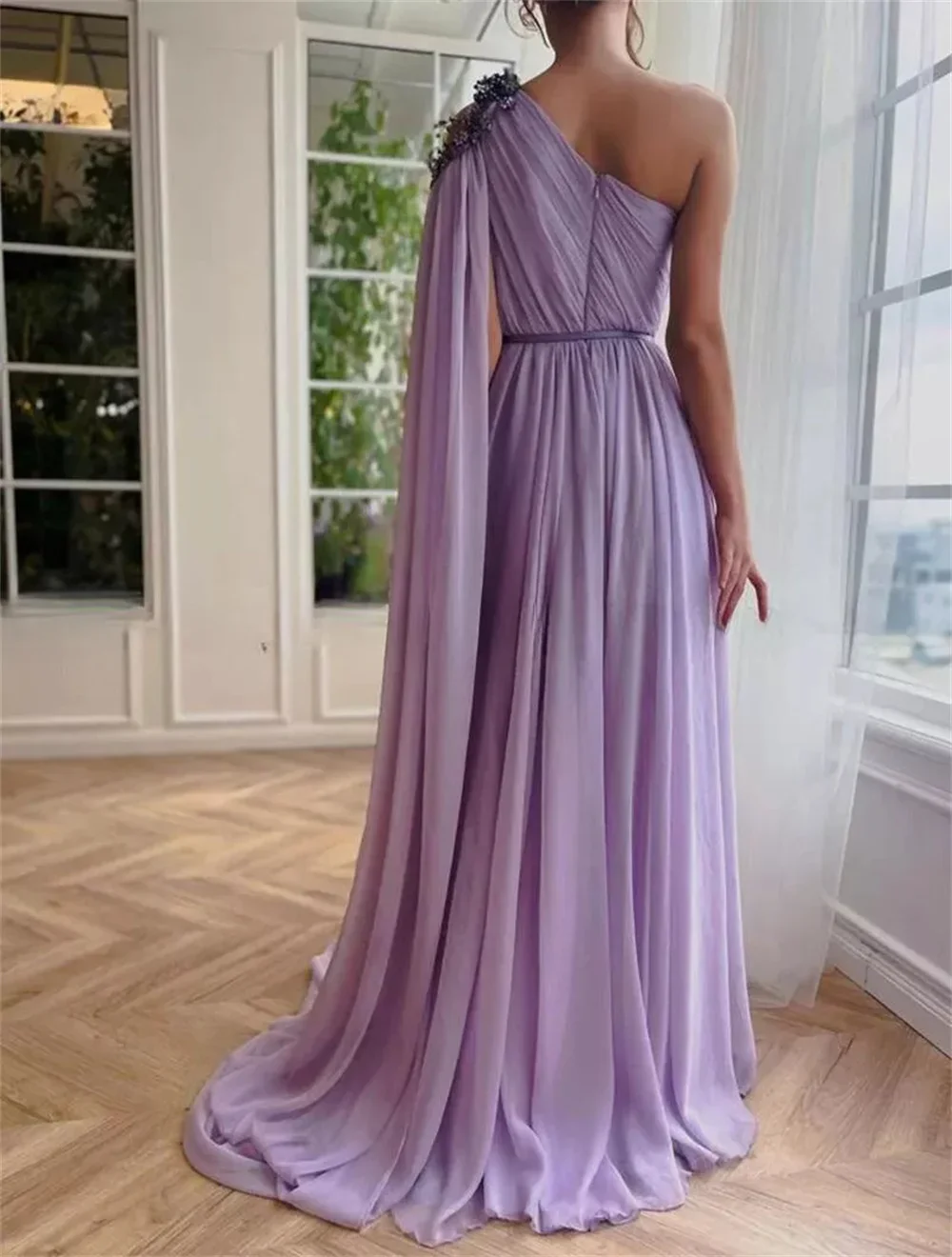 Customized  High Quality Wrinkle High Fork Belt Floor-length One Shoulder Purple Zipper Robe Soiree Mariée Robe Soiree Mariée