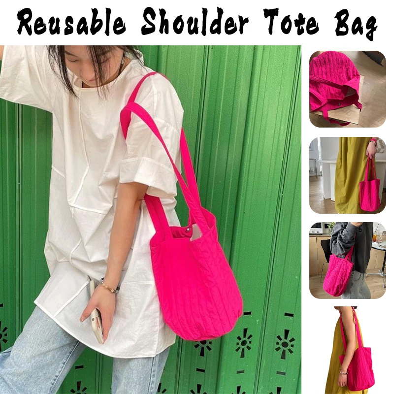 Casual Fashion Pleated Textured Bucket Bag for Women Nylon Shoulder Shopper Handbags Environmental Storage Reusable Tote Bag New