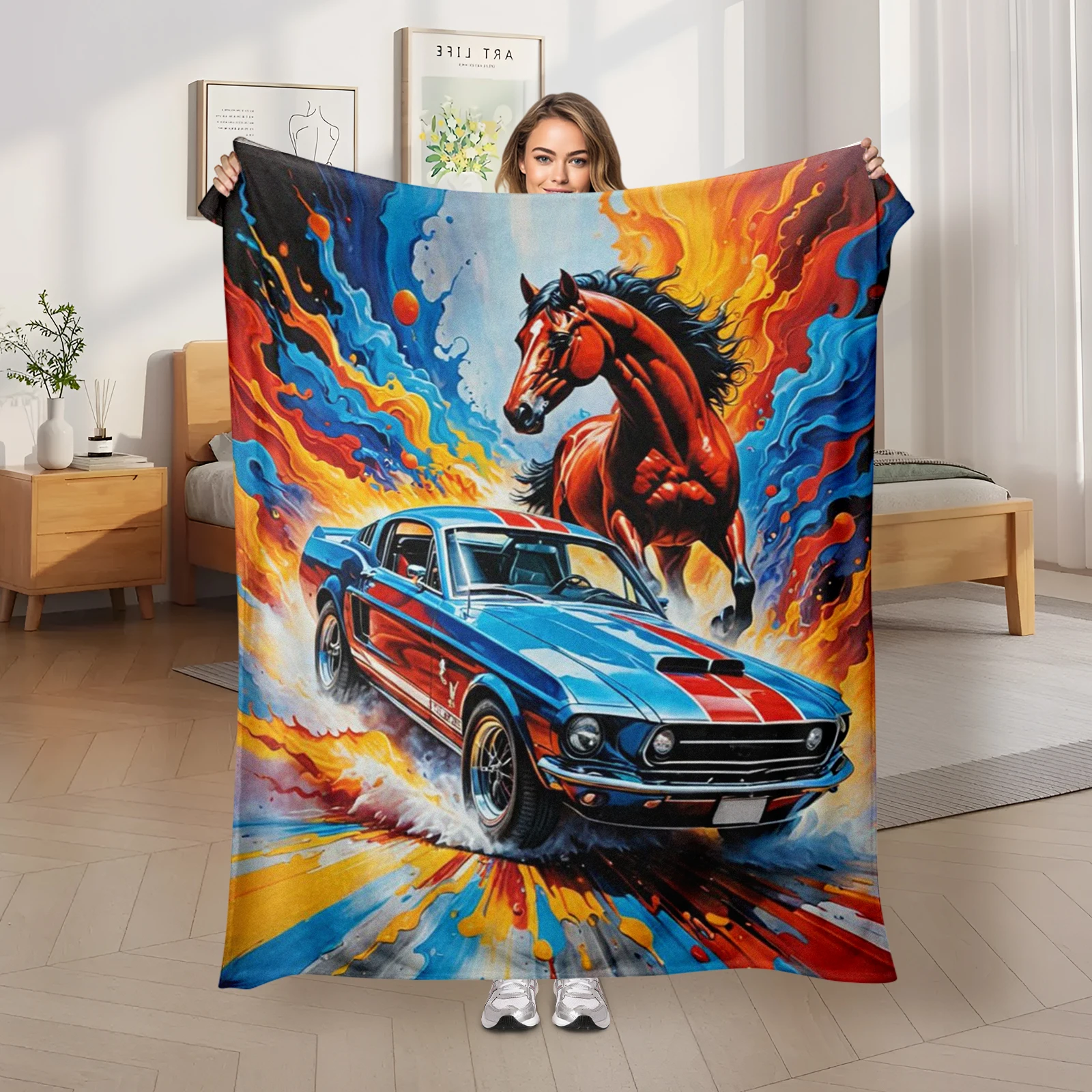 

Featuring A Colorful Vintage Car With A Majestic Horse This Blanket Brings Together The Best Of Nature And Engineering