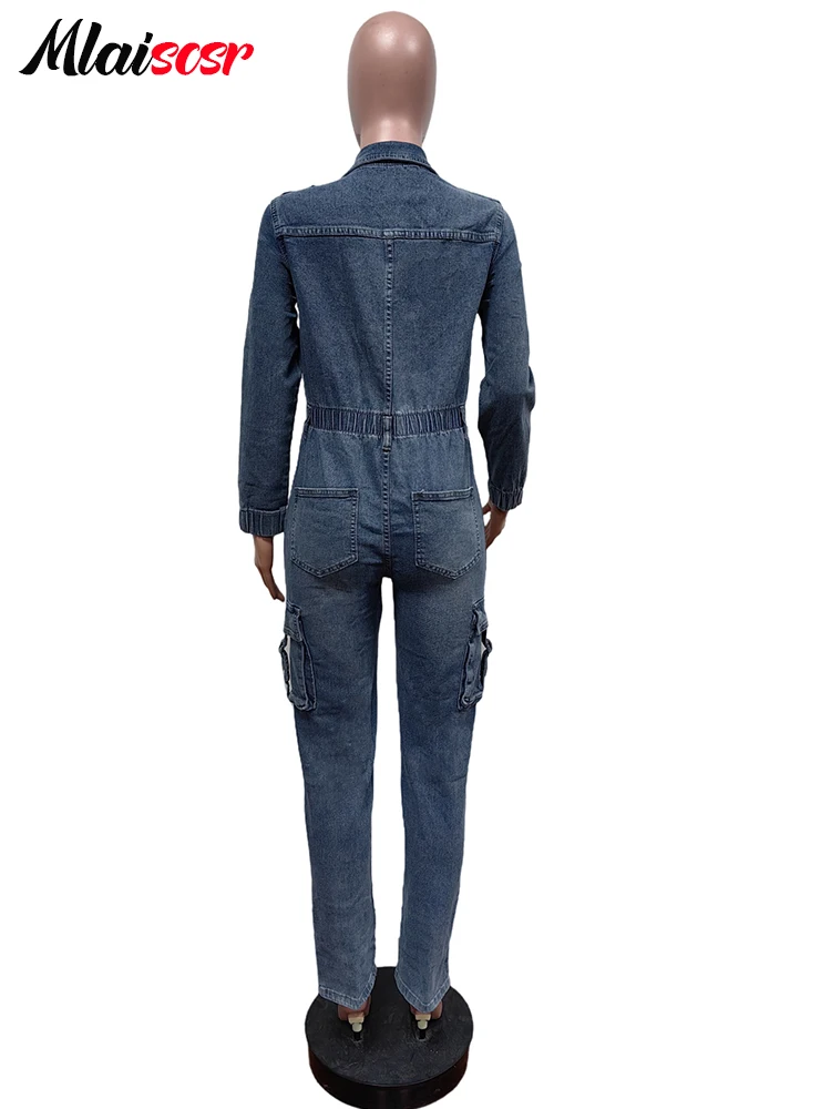 Mlaiscsr Denim Stretch Jumpsuits Women Winter Zipper Long Sleeve Elastic Waist Pocket Cargo Jeans Rompers One Pieces Overalls