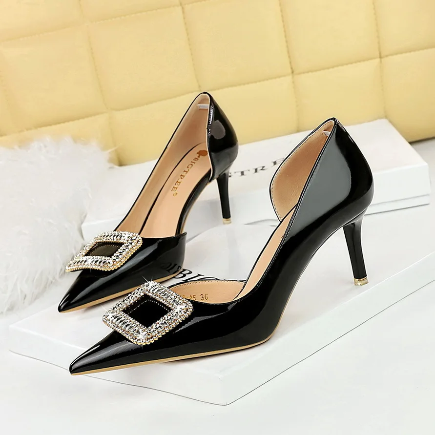 

European American Banquet Women's High Heel Shoes Patent Leather Shallow Mouth Side Hollow Toe Rhinestone Buckle Single Shoes
