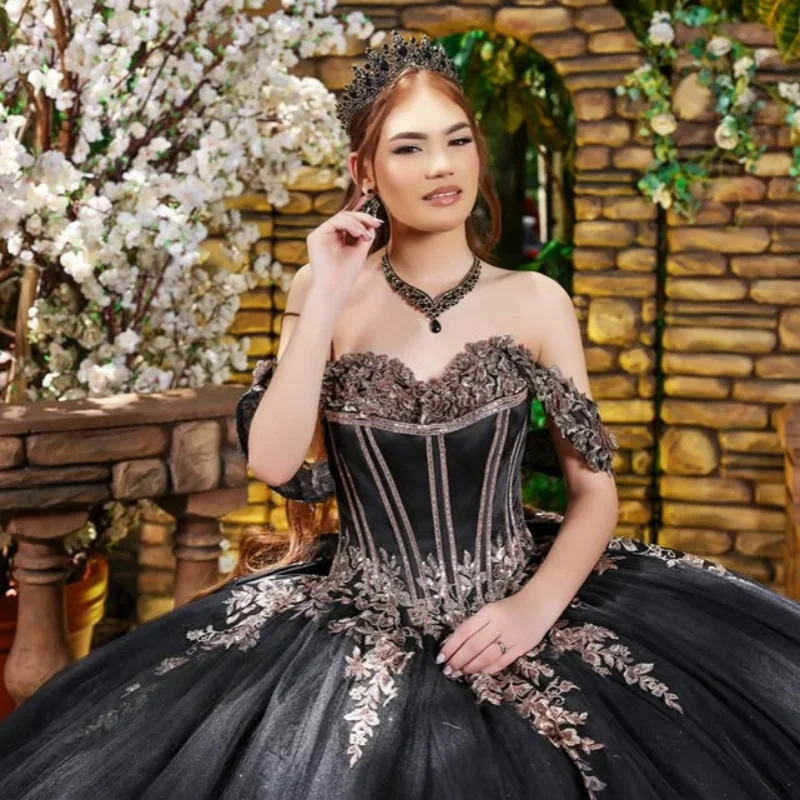 

Shiny black Quinceanera Dress off-shoulder glitter flower Decal Long tail Big Bow Vestidos De 15 Quinceanera ﻿Customize