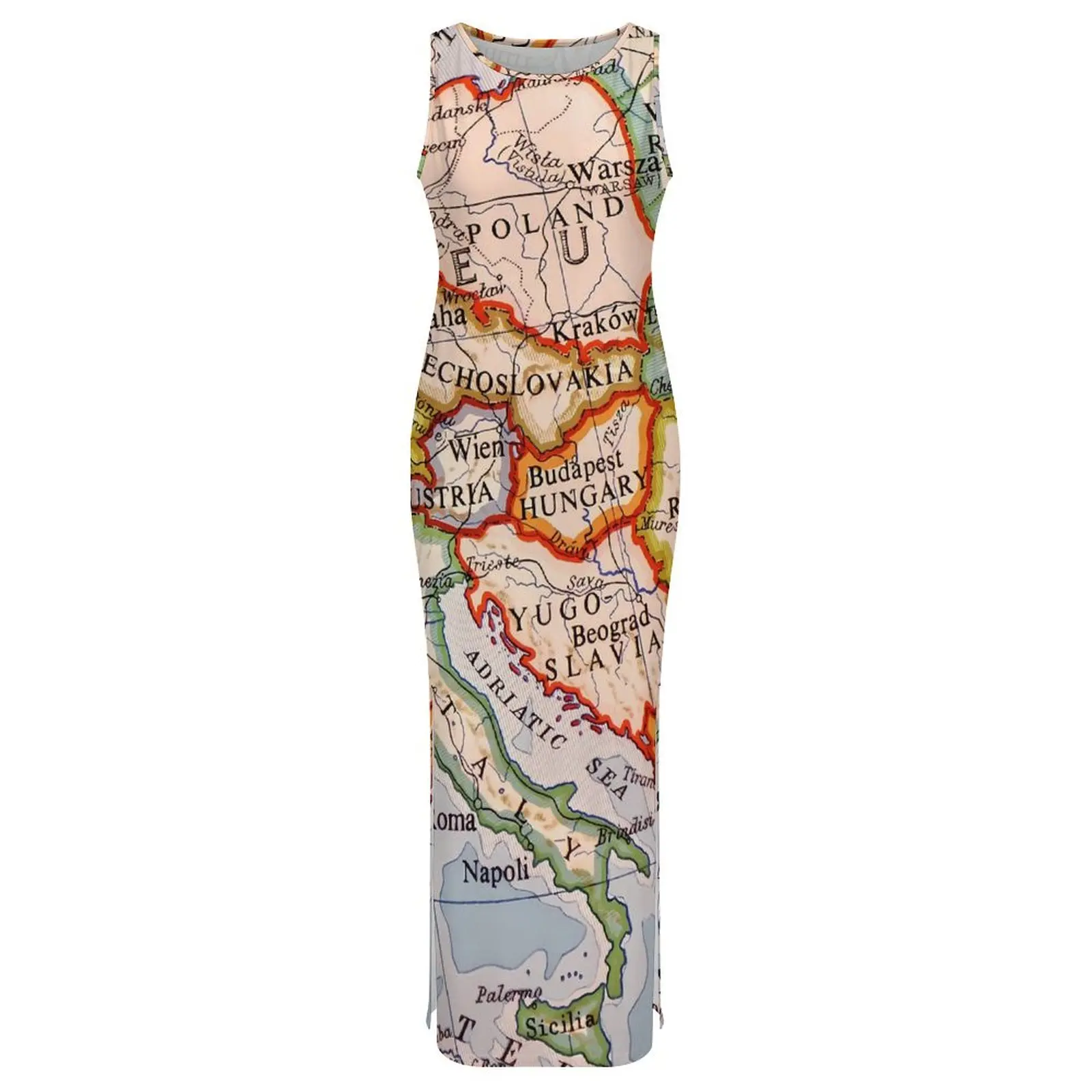 World Map Bodycon Dress Spring Colorful Geographic Vintage Maxi Dresses Ladies Sleeveless Design Aesthetic Dress Big Size