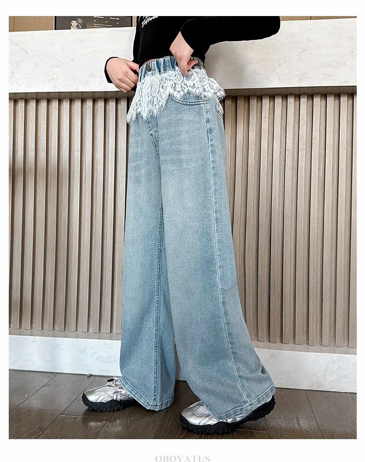 Spitzenjeans für Mädchen, Modische Kleidung für Teenager, Einfarbige, Lose Kinderjeans mit Weitem Bein, Hohe Taille, Spitzendesign, Kinderhose – Detail 2