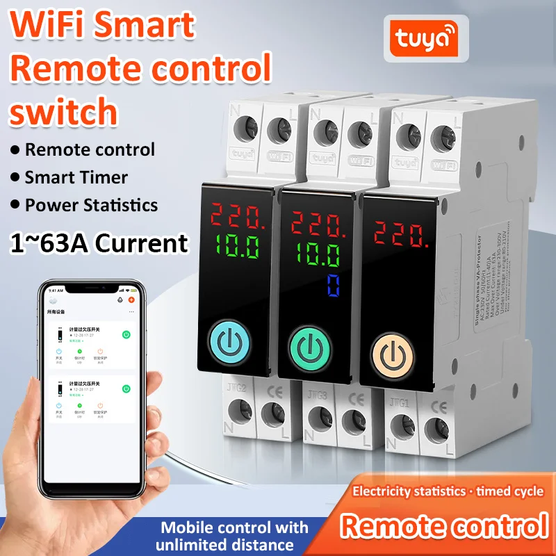 1P 63A Tuya WiFi Smart Circuit Breaker Switch Metering Timer Relay Voice Remote Control Voltage Current Meter Protector Monitor