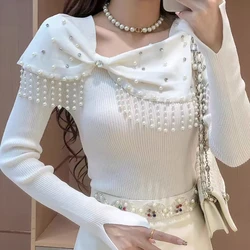 New In Pearls Beading Tassel Sweater 2024 Autumn Knitted Slim Fitting Pullover For Women Long Sleeve Sweater