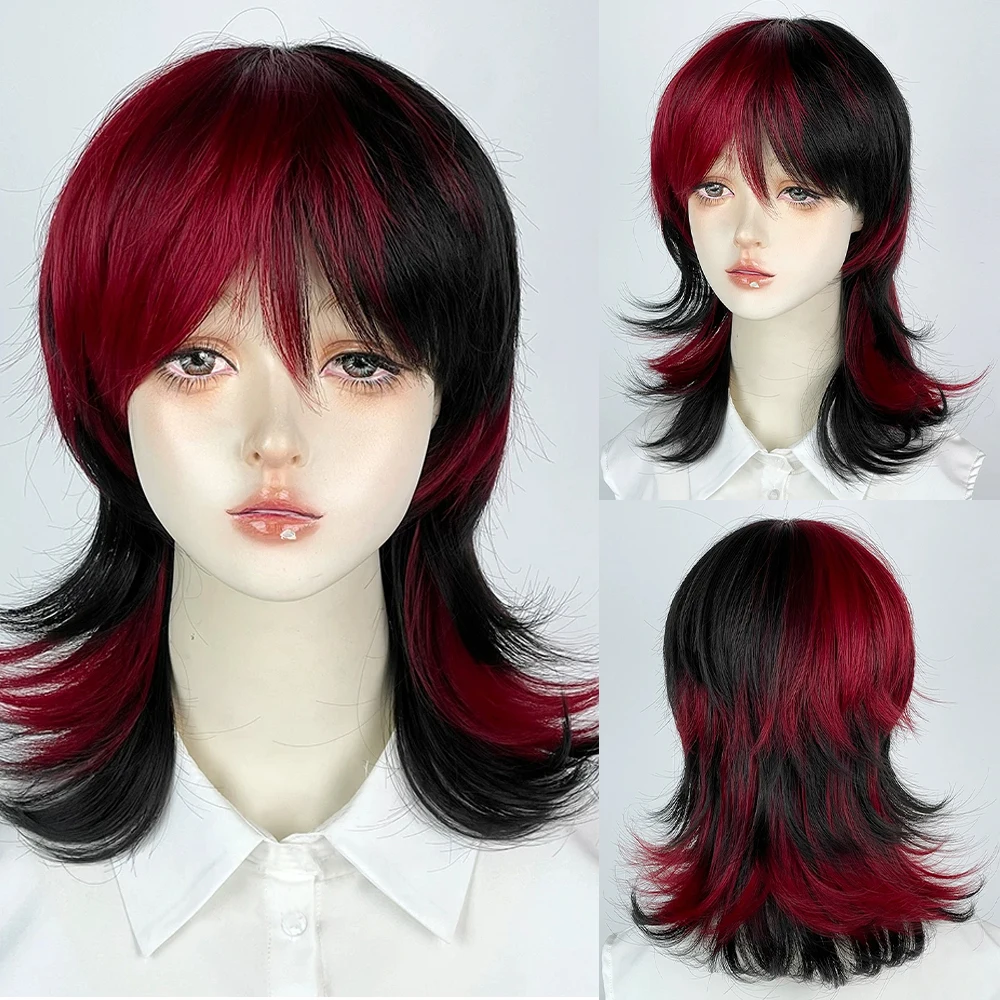 Red Ombre Black Synthetic Medium Long Straight Mullet Head Wigs with Bangs Lolita Cosplay Fluffy Wig for Daily Party