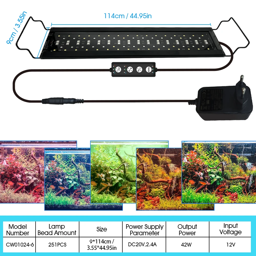 Aquariumbeugellamp, koel geheel zwart ontwerp, gemaakt van roestbestendig en duurzaam aluminiumlegering, verstelbaar met verschillende lichtkleuren, tijdschakelaarontwerp, beugellengte kan vrij worden