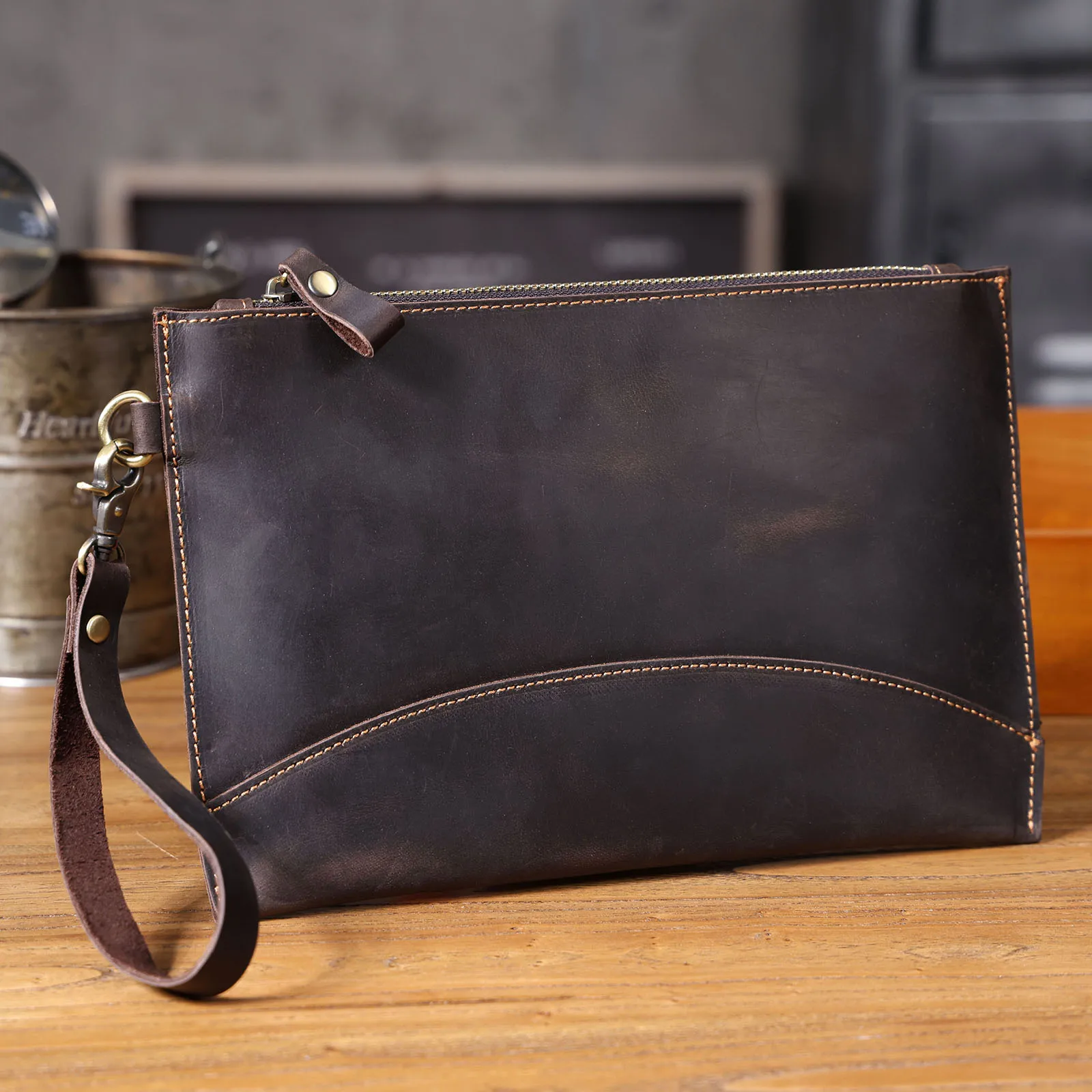 Vintage Echtleder Herren-Clutch-Tasche Lange Geldbörse für Männer Erstklassiges Leder Retro-Kartenhalter Handyhalter – Detail 9