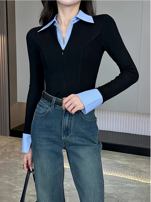 تي شيرت نسائي كوري جديد بتصميم قطعتين وهميتين، قميص داخلي نحيف للربيع والخريف بتصميم مدمج وأكمام طويلة