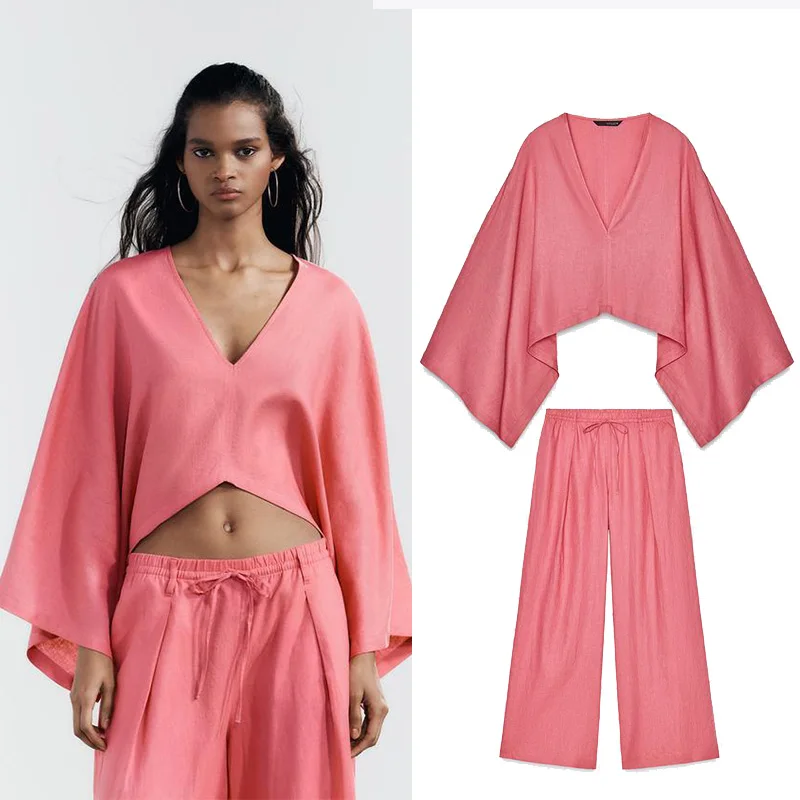 

TRAF Wide Leg Pants Set for Women 2 Piece Causal Loose Sleeve V Neck Shirt Women Drawstring Trousers Two Piece Set Women Outfit