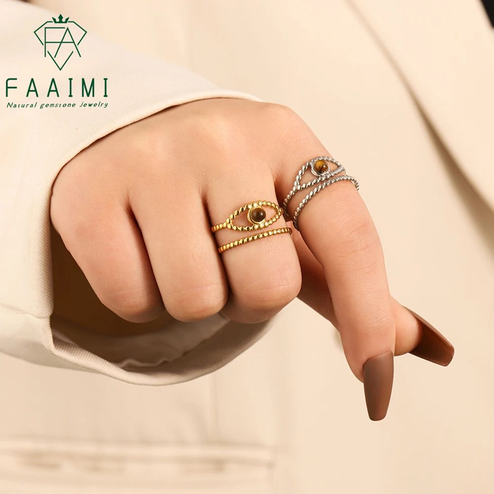 

Wholesale natural stone 18K stainless steel tiger-eye stone glass eye style open ring suitable for both men and women