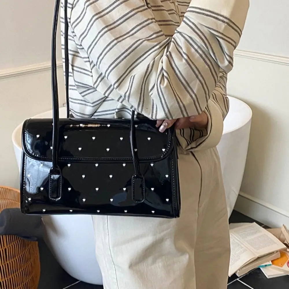 

French Polka Dot Shoulder Bag Smooth Waterproof Patent Leather Tote Bag Elegant Handbag Oil Wax Leather Underarm Bag Girls