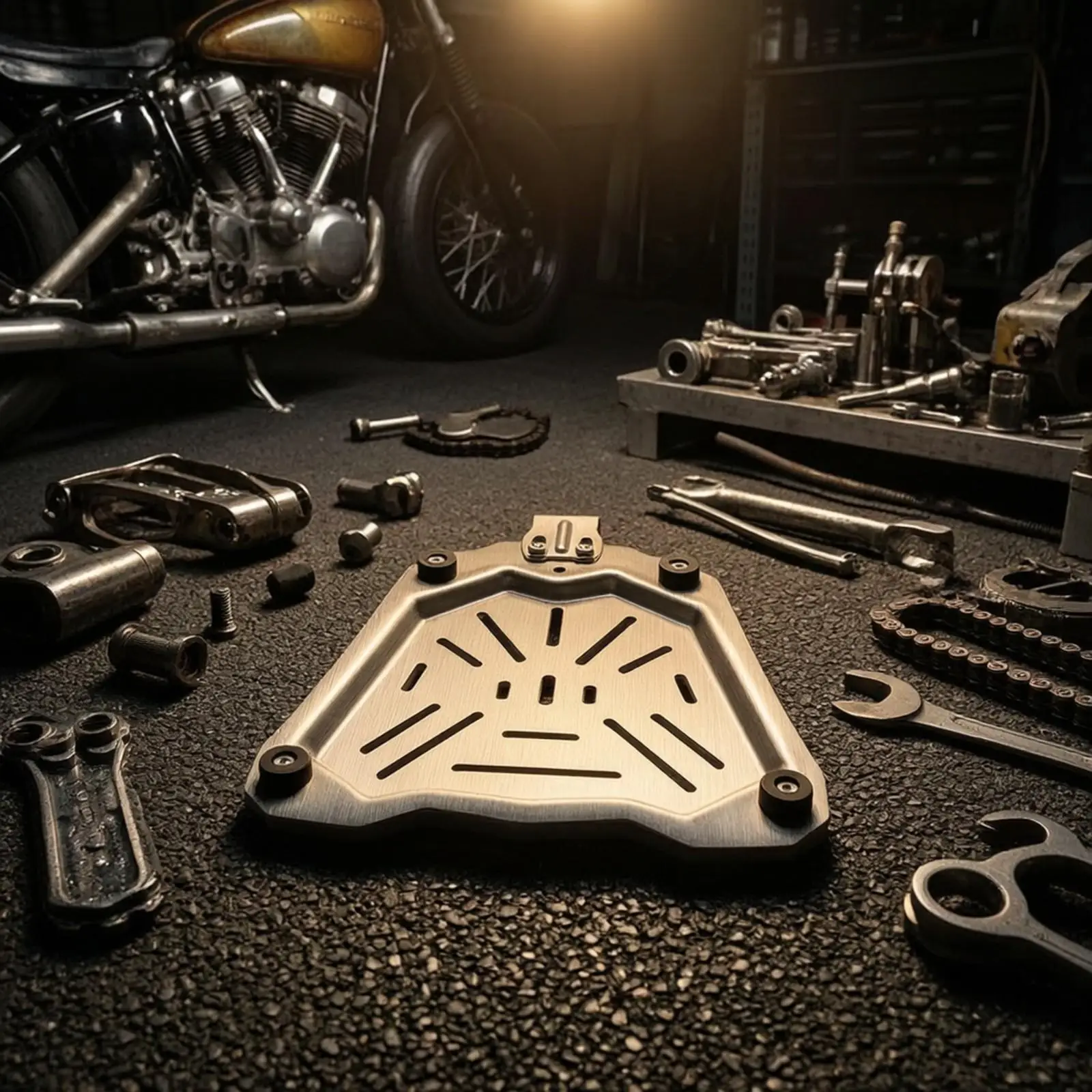 Brushed Steel Motorcycle Top Case Mounting Plate with Four Black Pads for Secure Fit