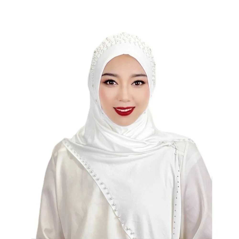 Convenient Soft Beaded Instant Hijab Breathable Easy Wrap Malay Headscarf Stretch Solid Color Pullover Scarf Travel Wear