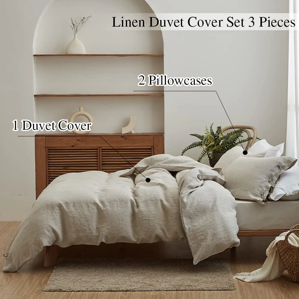 Simple&Opulence Bedding Set 3Pcs 100% Linen with Bowknot Ties French Washed Breathable Queen King Size Duvet Cover Bed Sheet Set