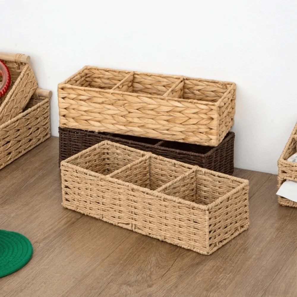 3-Section Storage Box Multi-Purpose Large Capacity Woven Storage Basket Decorative Space Saving Desktop Organizer Desktop