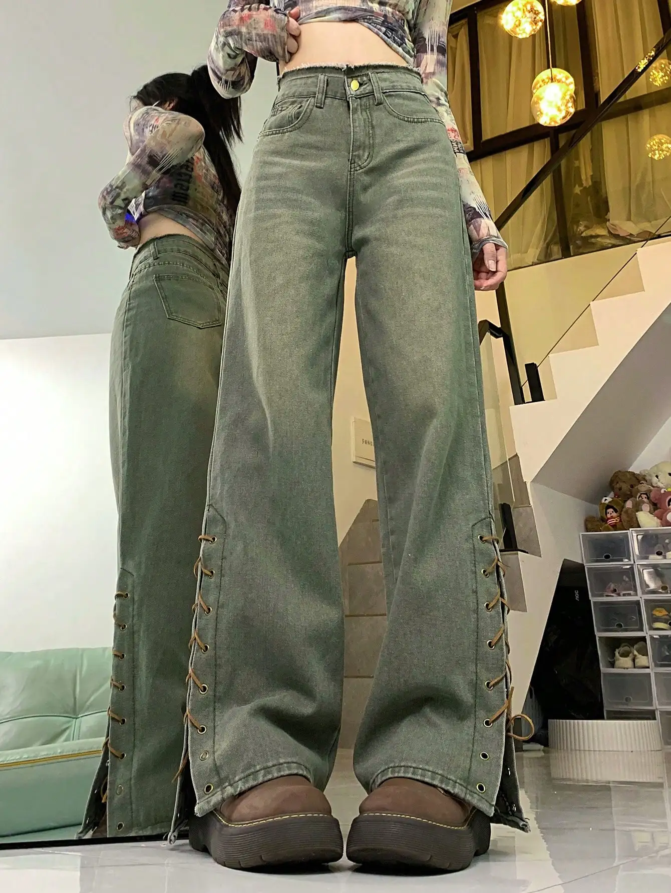 

Retro High Waist Straight Leg Denim Jeans Women's Summer Chic American Streetwear Vintage Faded Long Pants with Slits