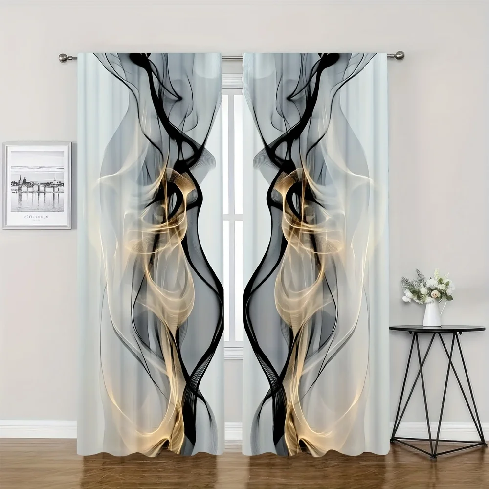 Modern Abstract Curtain 2pcs Pair Luxury Black Gold Flowing Drapes for Living Room Window Curtain Panel Home Decor
