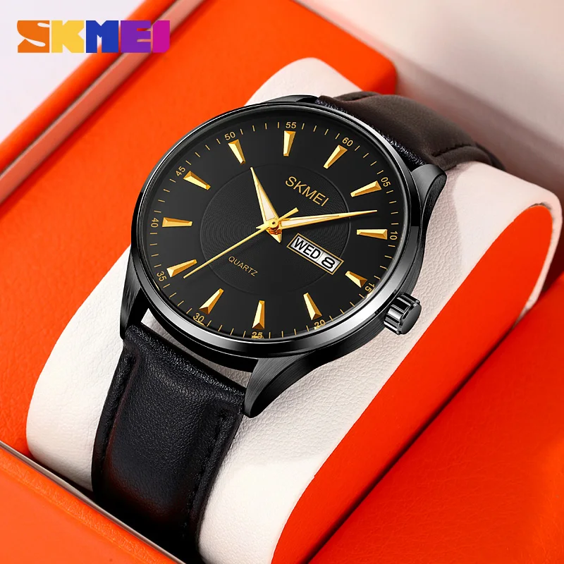 

SKMEI Fashion Casual Genuine Leather Strap Watch For Mens Male Fashion Quartz Wristwatches Waterproof Date Week Clcok reloj homb