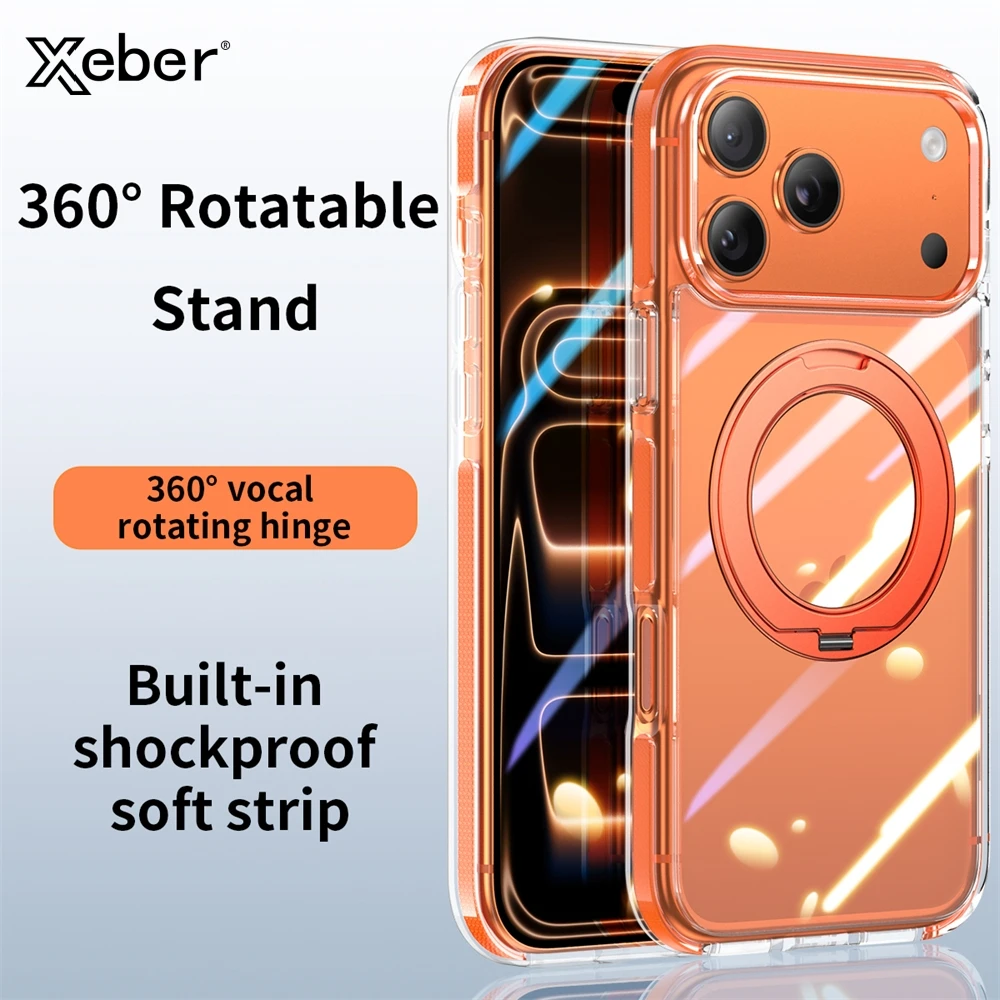 Luxuriöses magnetisches 360° °   Ständer Acryl-Hülle für iPhone 17 Pro Max, Metallknopf, Linsenschutz, transparent, matt, stoßfest