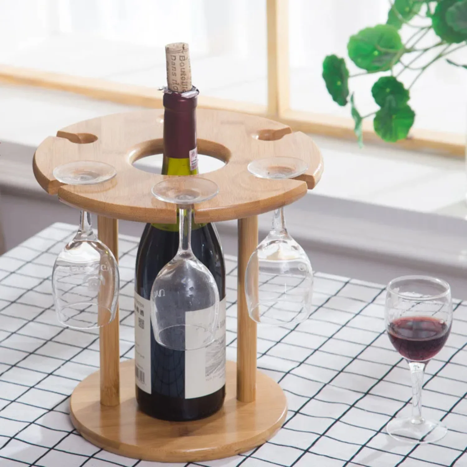

Handcrafted Solid Wood Wine Rack with Hanging Glass Holder - Kitchen Storage Organizer and Ornaments Home Decoration