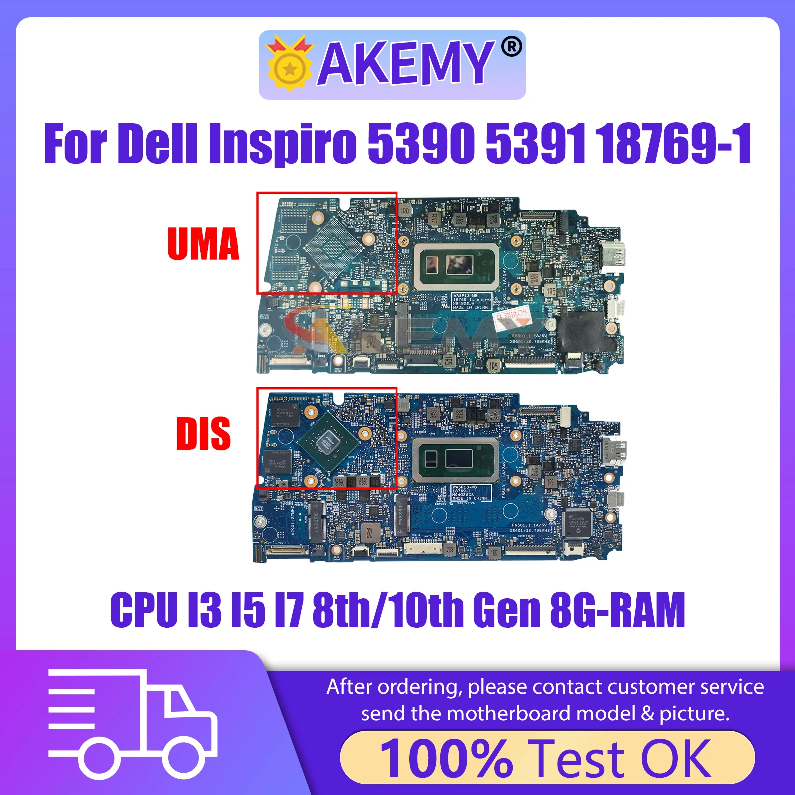 AKEMY 18769-1 Laptop Motherboard For Dell Inspiro 5390 5391 0V61H1 059XGG 027GM 02PKCV Mainboard CPU I3 I5 I7 8/10th Gen 8G RAM