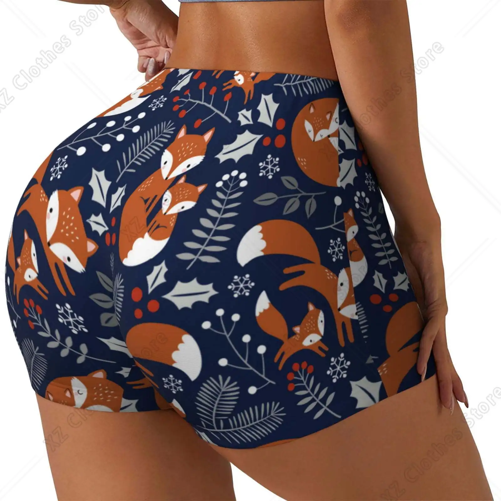Cute Foxes print Workout Shorts for Women Seamless Soft Smooth Gym Yoga Scrunch Active Exercise Fitness Shorts