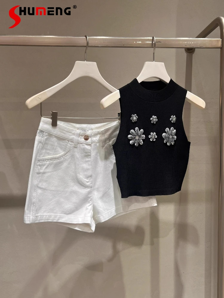 

Модные вязаные жилеты, женские летние 2023, новые уникальные темпераментные топы на бретелях, женские высококачественные топы без рукавов с блестками и цветами