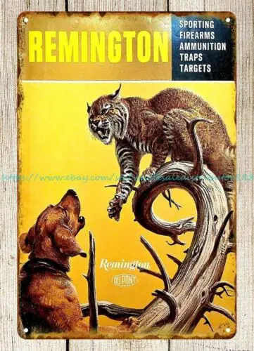 1970s Remington catalog cover art big cat hunting dog metal tin sign art decor