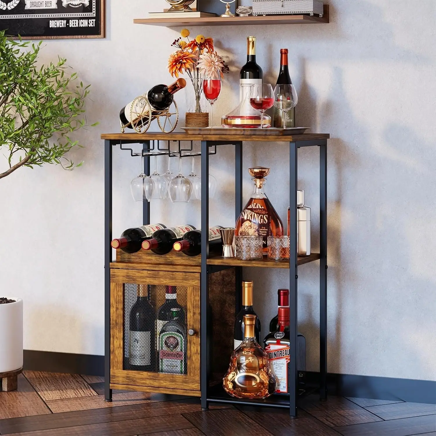 

Rustic Brown Bar Cabinet with Detachable Wine Rack, Glass Holder, and Mesh Door for Small Spaces