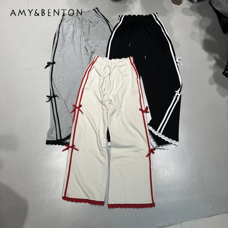 

2024 Spring New Trousers Drawstring Elastic Waist Edge Strip Design Bow Loose Wide-Leg Casual Pants Draping Mopping Sweatpants