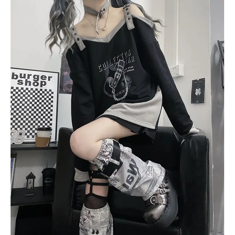 2024 Black Y2k Harajuku Hoodies Women Off Shoulder Belted Pullover Aesthetic Sweatshirt Female Goth Printed Jersey Punk Moletom