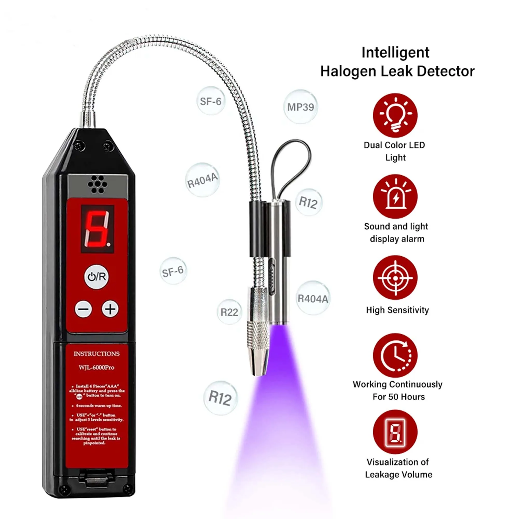 Detector de fugas de refrigerante halógeno WJL-6000Pro para R134A R404A SF6 R22 coche AC HVAC aire acondicionado herramienta de prueba de fugas de Gas