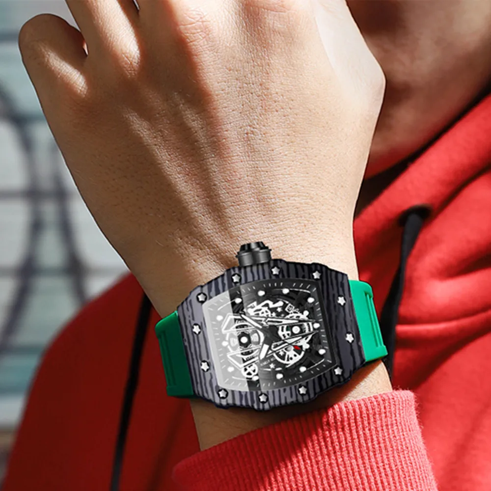 BINBOND 8577 Orologio da uomo Barilotto Specchio curvo Superficie cava Orologio sportivo impermeabile Orologio da uomo al quarzo in silicone