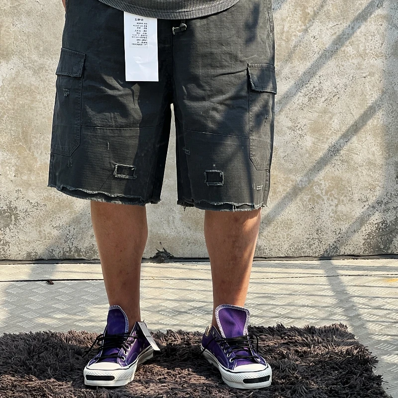 Mens Summer Heavyweight Cargo Shorts ยุทธวิธีหลายกระเป๋า Casual Ripped Patchwork ผ้าฝ้ายกลางแจ้งอินเทรนด์ทหารสั้นกางเกง