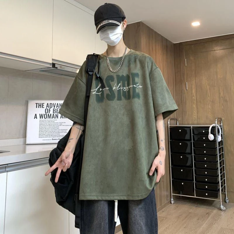 

American suede trendy English letter printed short-sleeved men and women summer trendy Korean version fashion loose retro tops