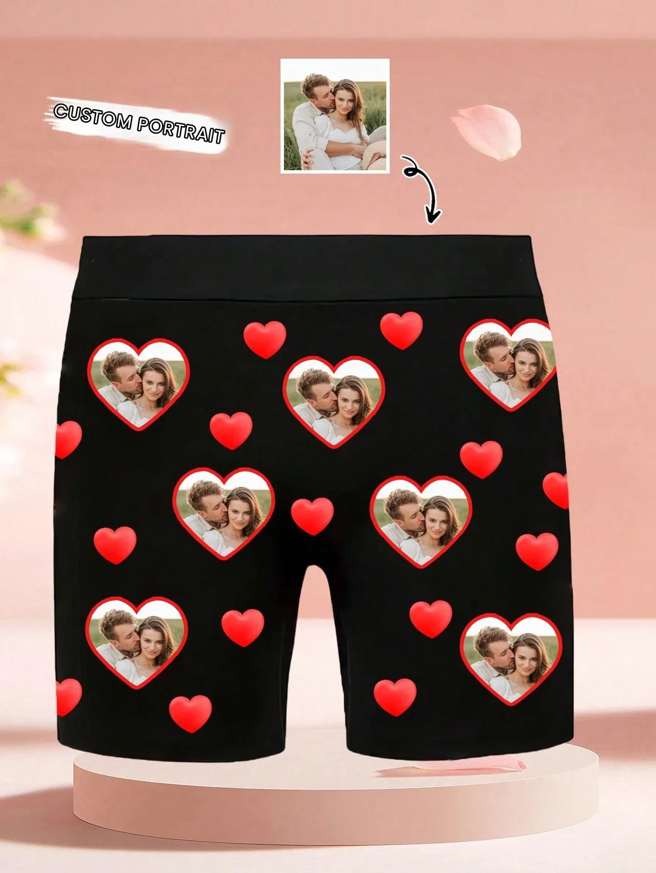 

Customizable Men's Boxer Briefs Black Printed Heart Portrait Gift For Husband Valentine Birthday