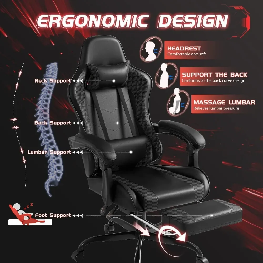 Silla Gaming con reposapiés y soporte Lumbar de masaje, Asiento de Carreras de vídeo, altura ajustable con giratorio de 360 ° y reposacabezas, negro