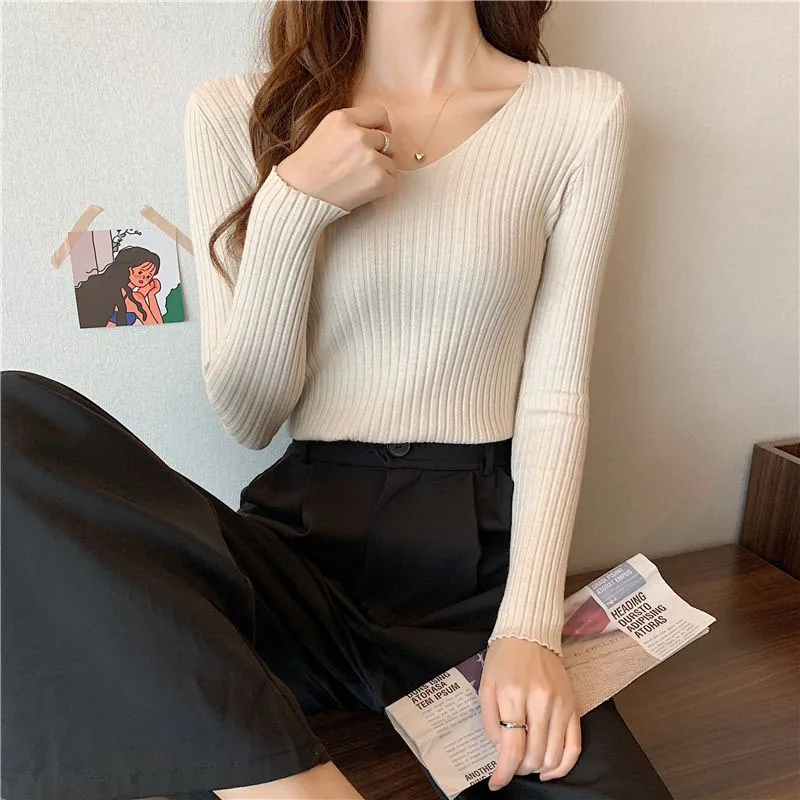 Xpqbb Solid Bottoming Sweater Women Casual Basic V-neck Long Sleeve Knitting Sweaters Woman Autumn New Wild Slim Ribbed Pullover