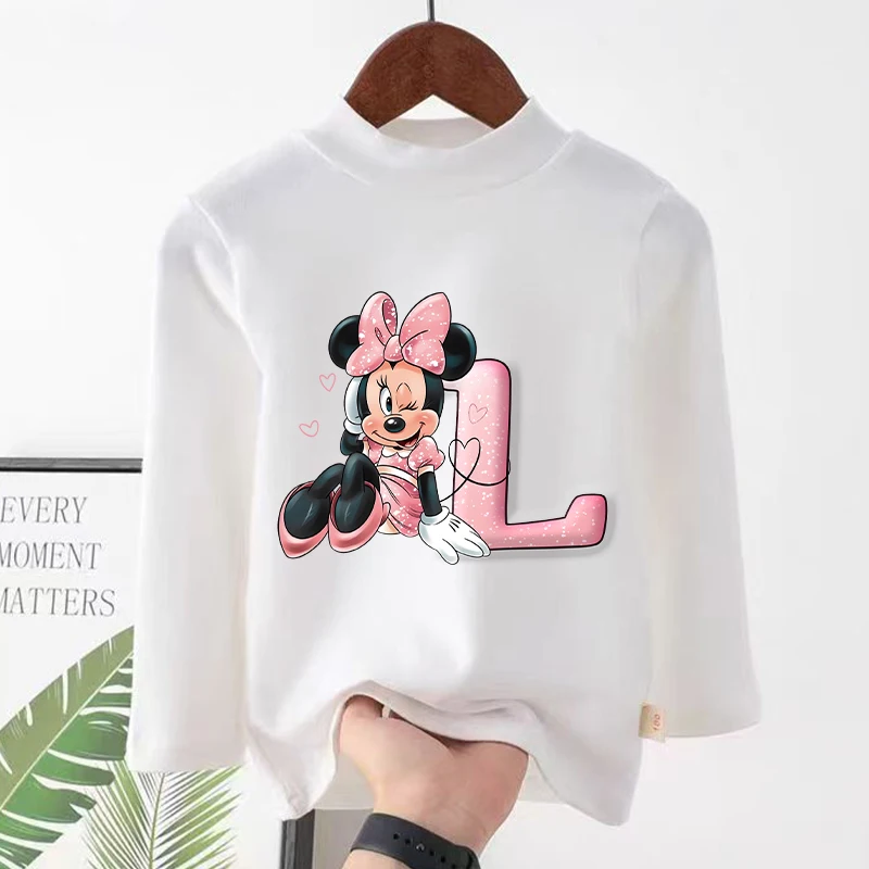 New Disney Minnie Mouse Children Tops Kawaii Cartoon Letter Graphic T-shirt Kids Casual Long-sleeved Tops Autumn Girls Clothes