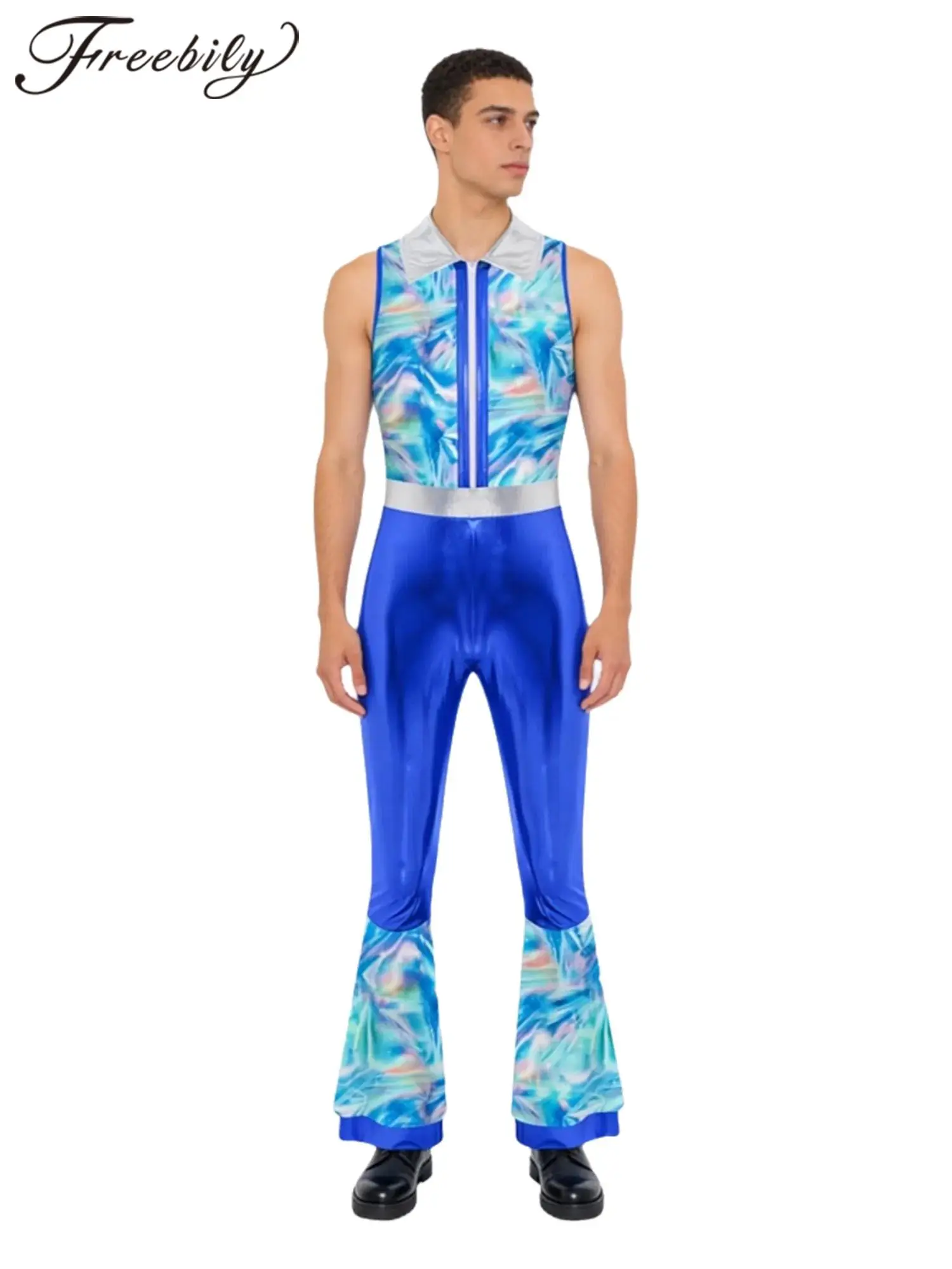 

Мужской костюм для дискотек 60-х и 70-х годов, в стиле хиппи, металлический, для клуба, блестящий, с принтом, расклешенные длинные брюки, комбинезон для танцев, ретро-комбинезон для вечеринок