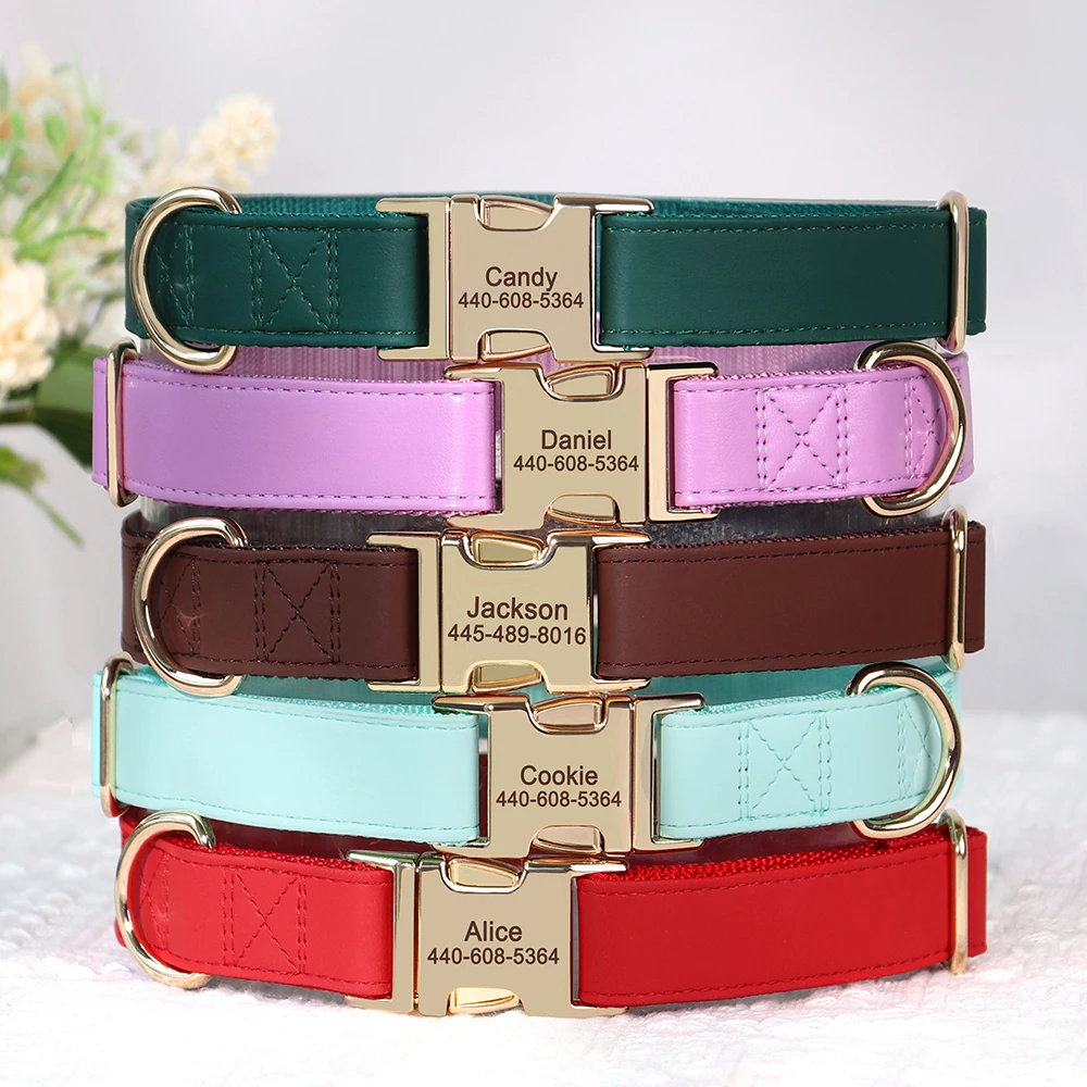 Personalized Dog Collar Leash Set Custom PU Leather Dog Buckle Collars Necklace Pet Walking Leash for Small Medium Dogs Pitbull