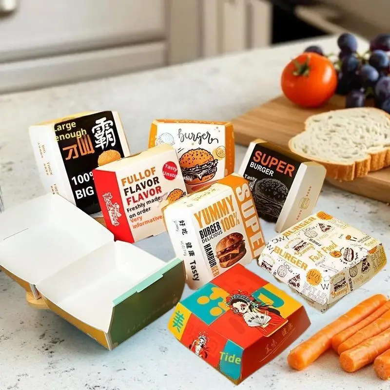 احصل على 50/100 قطعة من صناديق البرجر القوية والمقاومة للدهون، يمكن التخلص منها ومصنوعة من مواد غذائية